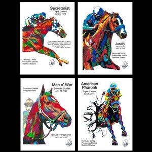 4 Horse Racing Prints Secretariat Justify Man o War American Pharoah 18x24